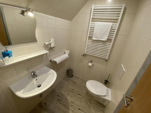 a white bathroom with a toilet and a sink at Hotel Wilder Mann in Feuchtwangen