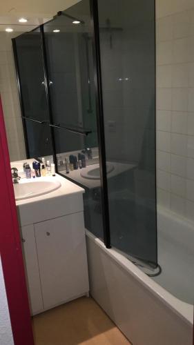 une salle de bain avec une douche, un lavabo et une baignoire dans l'établissement Skis aux pieds station 1600 Sun Vallée, à Puy-Saint-Vincent
