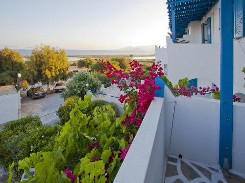 a balcony with flowers on the side of a building at Koulas Pension - Red Lake in Agios Prokopios