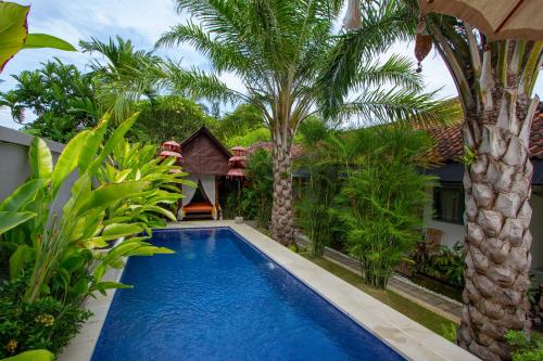 a swimming pool in front of a house with palm trees at Bali Komang Guest House Sanur in Sanur