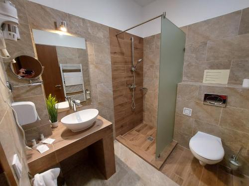a bathroom with a toilet and a sink and a shower at Vén Diófa De Lux Panzió in Szeged