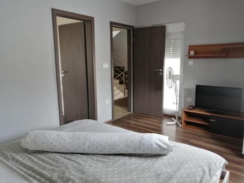 Un dormitorio con una cama y un televisor de pantalla plana. en Apartments Lapaž, en Sveti Martin na Muri