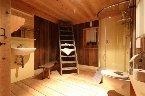a bathroom with a sink and a toilet and a shower at Almhütte Oberschaller bei Alfenalm - Ferienwohnungen am Berg in Innervillgraten