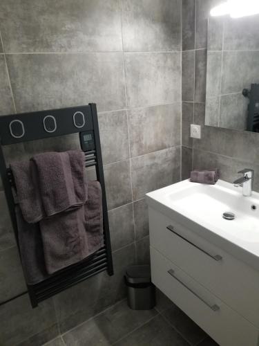 uma casa de banho com um lavatório branco e um espelho. em Magnifique Vue Centre Station em Les Deux Alpes
