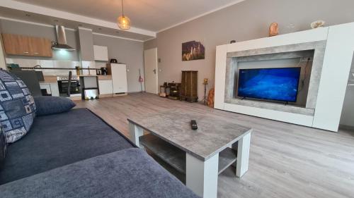 a living room with a couch and a table and a tv at City Apartment Alici in Füssen