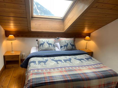 ein Schlafzimmer mit einem Bett in einem Zimmer mit einem Fenster in der Unterkunft Appartement Les Arolles in Chamonix-Mont-Blanc