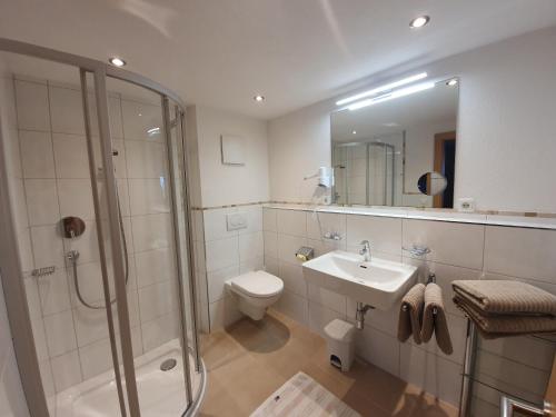 a bathroom with a shower and a toilet and a sink at Landhaus Sonneck in Pettneu am Arlberg