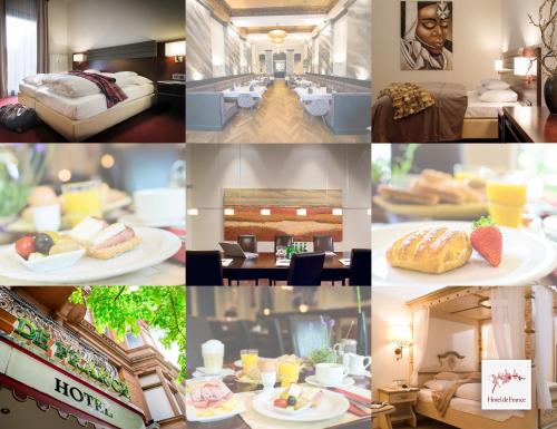 eine Collage mit Fotos eines Hotelzimmers mit Essen in der Unterkunft Hotel de France Wiesbaden City in Wiesbaden