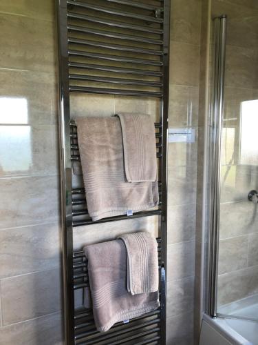 einen Handtuchhalter im Bad mit Handtüchern in der Unterkunft The Stoep in Paignton