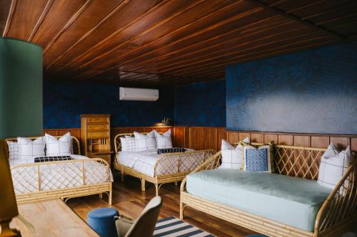 2 camas en una habitación con paredes azules en Casa 41, en Escazú