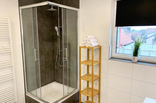 a shower with a glass shower stall in a bathroom at Moderne 3 Zimmer Ferienwohnung in Celle