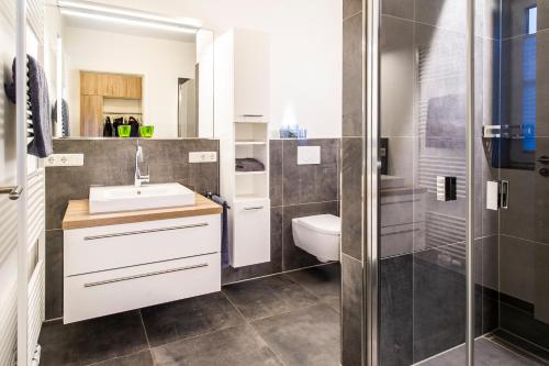 W łazience znajduje się prysznic, umywalka i toaleta. w obiekcie Ferienhaus Strandhafer w mieście Wangerooge