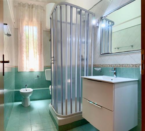 a bathroom with a shower and a sink and a toilet at Coral sea in San Vito lo Capo