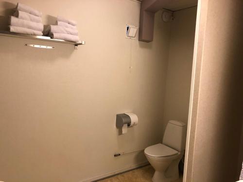 
a bathroom with a toilet and a shower stall at Motel Apartments in Tønder

