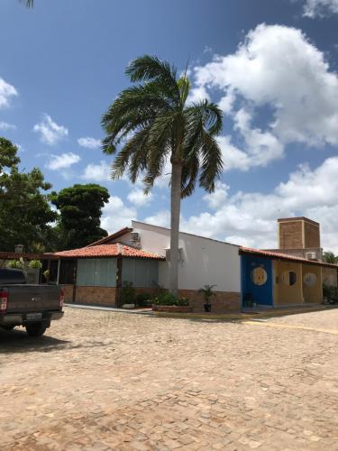 a palm tree in front of a building at Chalé Temporada Porto dos Lençóis - Lençóis Maranhenses in Barreirinhas