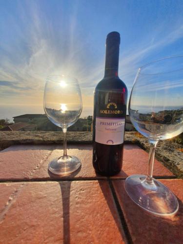 Santa MariaにあるTerrazza Mercurioのワイン1本とワイングラス2杯(テーブル上)