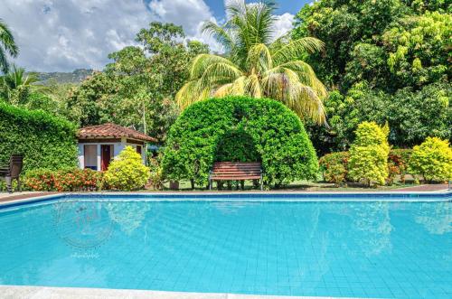 a swimming pool with a bench and a palm tree at ALDEA VACACIONAL LA FLORIDA Apto 103 Bloque 1 in Santa Fe de Antioquia
