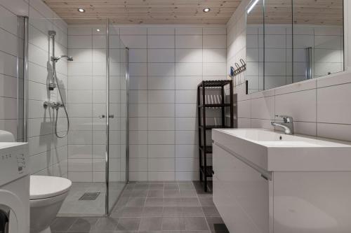 a bathroom with a shower and a sink and a toilet at Mountain Lodge, ToppTrysil 6+1 guest -Skihytta in Trysil