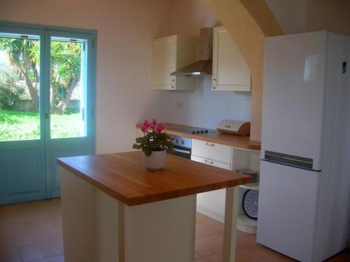 a kitchen with a white refrigerator and a wooden counter top at Kefalas nr Almyrida sea view cottage in Chania Town