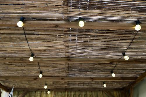a bunch of lights hanging from a wooden ceiling at L'OlivierBlanc in Vendémian