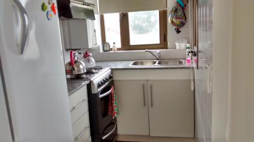 een kleine keuken met een spoelbak en een fornuis bij Reflejo de Mar in Villa Gesell