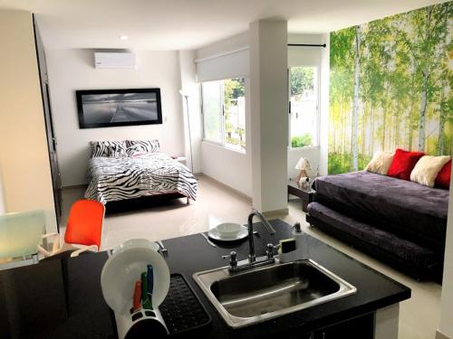 uma cozinha e sala de estar com um lavatório e um sofá em Apartaestudio Arboleda del Ingenio em Cali