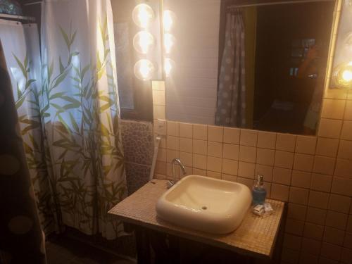 baño con lavabo y cortina de ducha en CHEZ NOUS, en Carrillo
