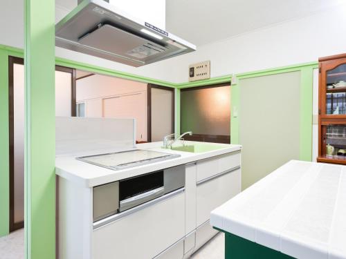 a kitchen with a sink and a stove at Friendly Guest House Kawakin in Minamiboso