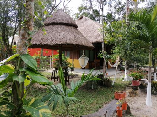 a hut with a thatched roof in a garden at Hotel "Casa Las Lolas" in Xpujil