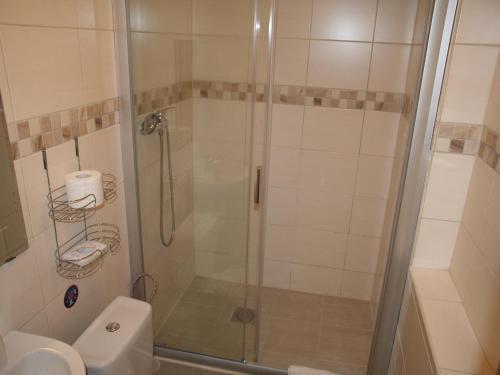 W łazience znajduje się prysznic ze szklanymi drzwiami. w obiekcie Chata Mísečky w mieście Horni Misecky