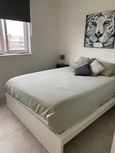 een bed in een witte slaapkamer met een tijgerfoto aan de muur bij Gezellig 1 slaapkamer appartement nabij het stadscentrum in Hasselt