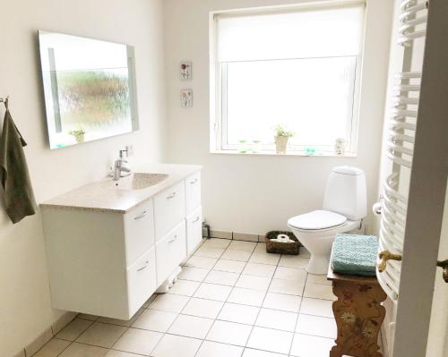 a bathroom with a sink and a toilet and a window at Kirkevængets mini Bed and Breakfast in Kruså