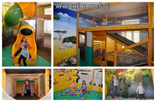 un collage de fotos de un niño jugando en una estructura de juego interior en Penzion Bejby Turnov, en Turnov