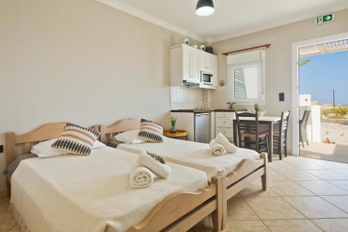 a bedroom with two beds and a kitchen with a view at Kalimera Karpathos Exclusive Villas in Afiartis