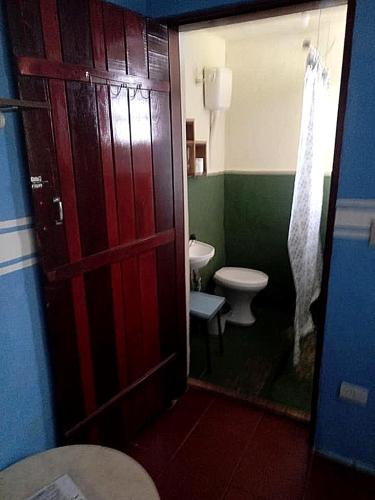 a bathroom with a toilet and a door with a mirror at Pousada Paraíso São Tomé in São Thomé das Letras