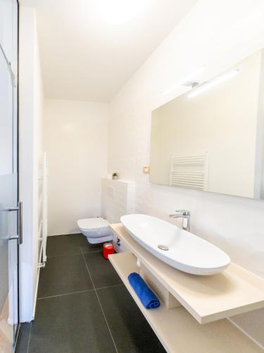 a white bathroom with a sink and a toilet at Kamr’ca in Ljubljana