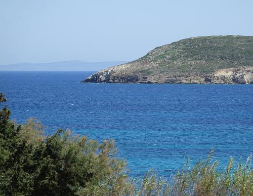 a large body of blue water with an island at Flora Apartments in Drios