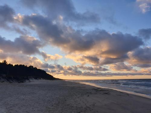 a beach with a cloudy sky and the ocean at Hotel White in Krynica Morska