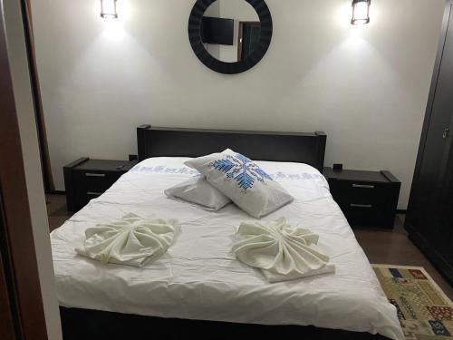 a bed with two white pillows on top of it at Pensiunea Julian House in Moieciu de Jos