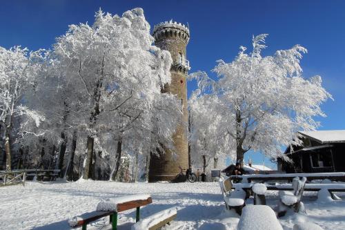 a castle covered in snow with trees and benches at BERG & SPA HOTEL GABELBACH in Ilmenau