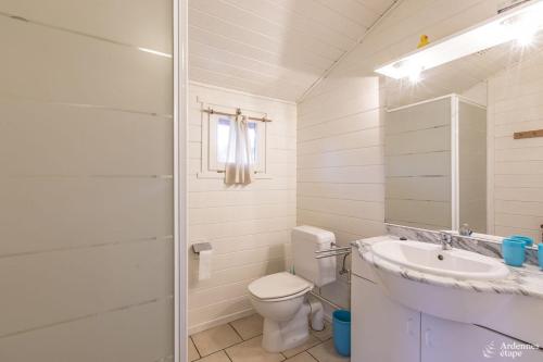 a white bathroom with a toilet and a sink at Chalet Val de l'Amblève in Sougné-Remouchamps