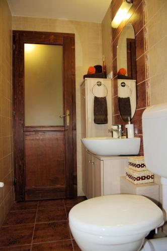 a bathroom with a toilet and a sink at Maja Apartman in Gyula