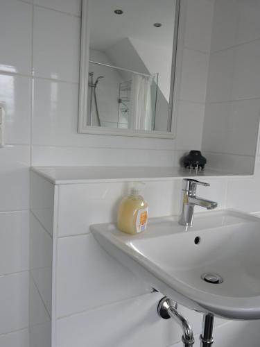 La salle de bains blanche est pourvue d'un lavabo et d'un miroir. dans l'établissement Ferienwohnungen Fabry, à Sarrebruck