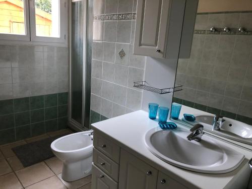 une salle de bain avec un lavabo et des toilettes dans l'établissement Arche de Portissol Sanary Appartement de charme 4 à 6 personnes, à Sanary-sur-Mer