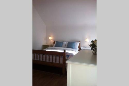 a bedroom with a bed with two blue pillows at Camp Street Studio Room 4 in Oughterard