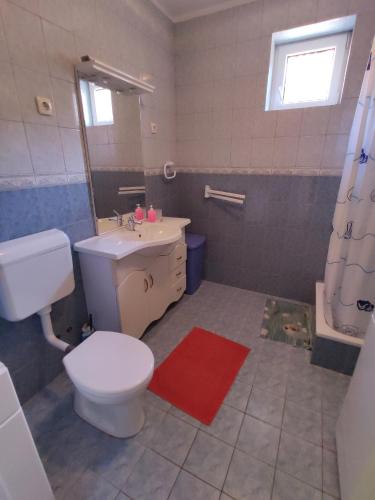 uma casa de banho com um WC e um lavatório em Zafír Nyaraló em Balatonfenyves