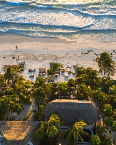 an aerial view of the beach and the ocean at NEST Tulum in Tulum