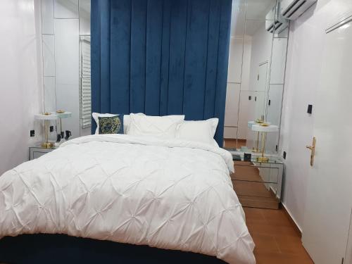 a bedroom with a large white bed with a blue curtain at Executive Home Extension in Lagos