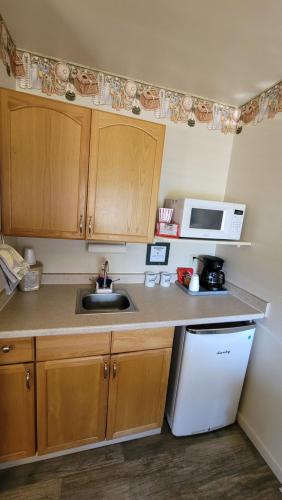 a kitchen with a stove, microwave, sink and dishwasher at Sequoia Lodge in Kernville