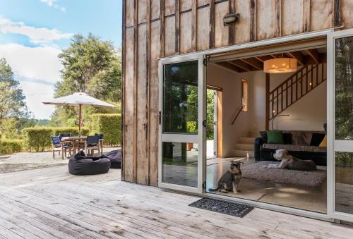 a house with a dog sitting on a patio at Beech Hill - Pet Friendly Holiday Home in Tasman